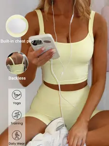 Women's Sportswear Yoga Set, Square Neck Crop Top & High-Waisted Shorts, Slim Fit Design, Elastic Comfortable Fabric, All-Season Wear