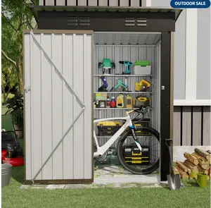5×3FT Metal Outdoor Storage Shed, 67 Cu.Ft Weather-Resistant Galvanized Steel Garden Shed with Lockable Door, Sloped Roof & Vents, Patio Lawn Equipment Storage House, Brown