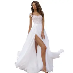 Plus Size Women's Lace Chiffon Dress Ball Gown White Evening Dress with Slit and Flared Skirt Formal Womenswear Workwear Basic