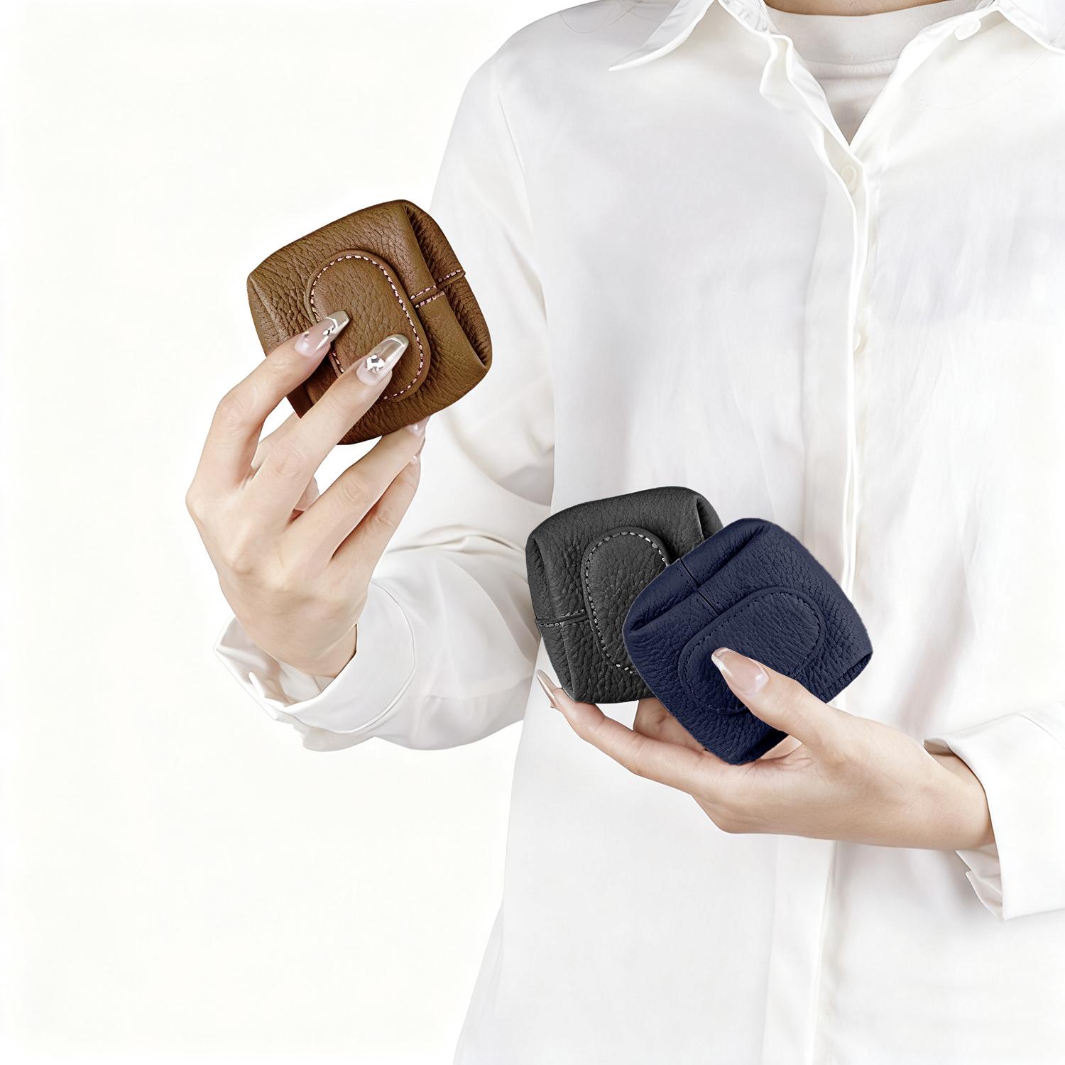 Genuine Mini Lychee Pattern Coin Purse,Solid Color Buckle Key Earphone Storage Bag,Square Snap Change Cash Holder Mini Pocket Wallet Cowhide Coin Purse Compact Headphone Earpods Case Bag Cable Organizer,Casual Change Pouch for Women Men Daily Use