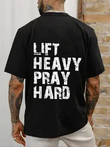 Men's Fitness T-Shirt Lift Heavy Pray Hard, Comfortable Cotton Sport Style, Power and Faith Combined, Gym Essential, Casual Fitted Design, Gym Tees