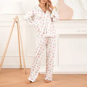 Women's sleepwear casual set strawberry print lapel long sleeved shirt top and pants 2-piece casual set