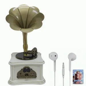 Mini Wooden Replica Gramophone, Includes One Wired 3.5Mm Headphone, Gramophone Shape, Headphone Jack, Stereo Speakers, Wireless Connection, Simulated Vintage Gramophone Speaker, Aux In, USB, Retro Style, White Color.