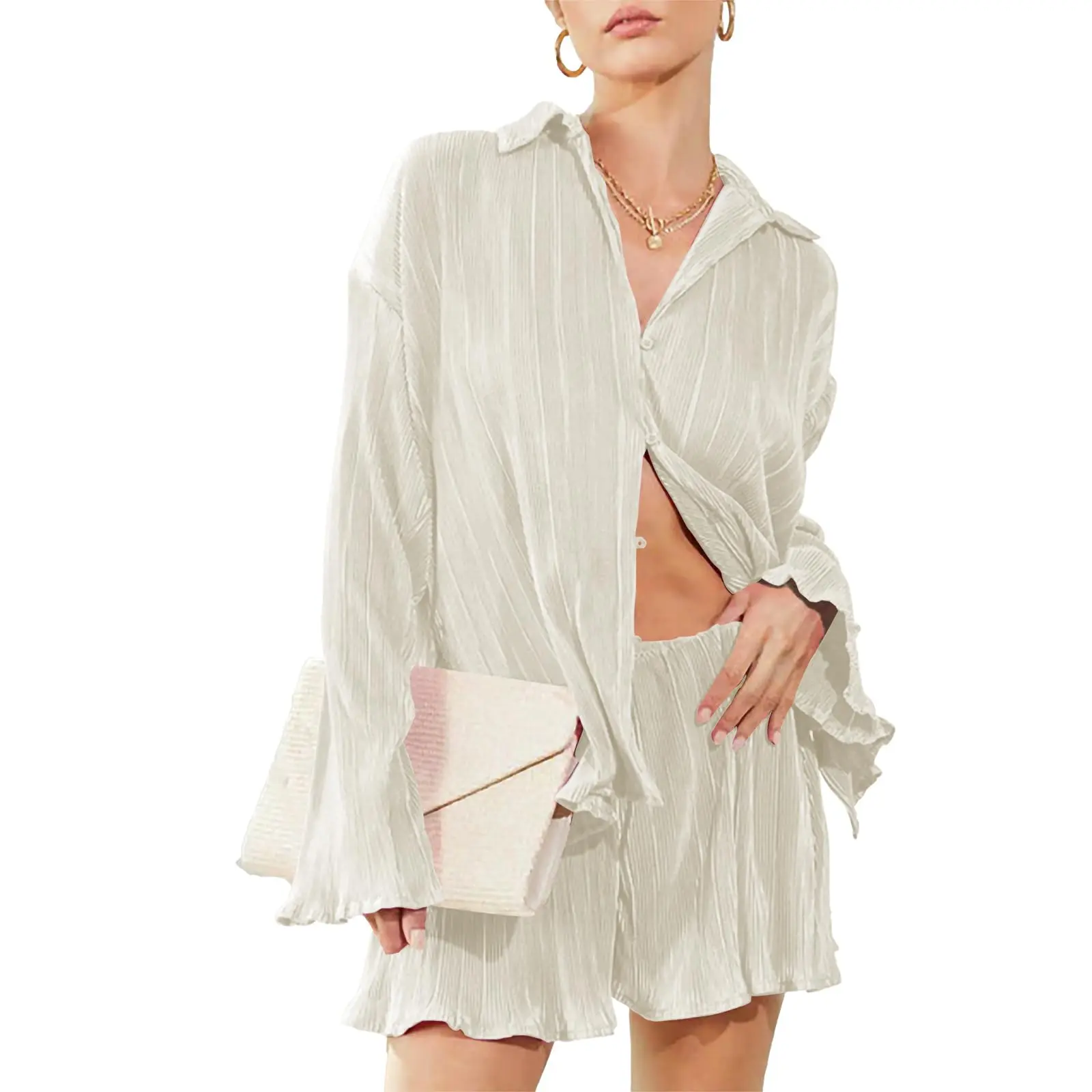 Women's Y2K 2-Piece Trouser Suit - Polyester Plain Button-Down Shirt, High-Elastic Waistband Pleated Pants, Machine Washable Nightwear Oversized Loungewear