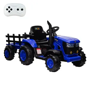 【GARVEE】12V Electric Ride-On Tractor with Trailer for Ages 3+, Featuring Remote Control, Spring Suspension, 35W Dual Motors, Built-in Music and USB Port, Blue Color, Perfect for Outdoor Fun