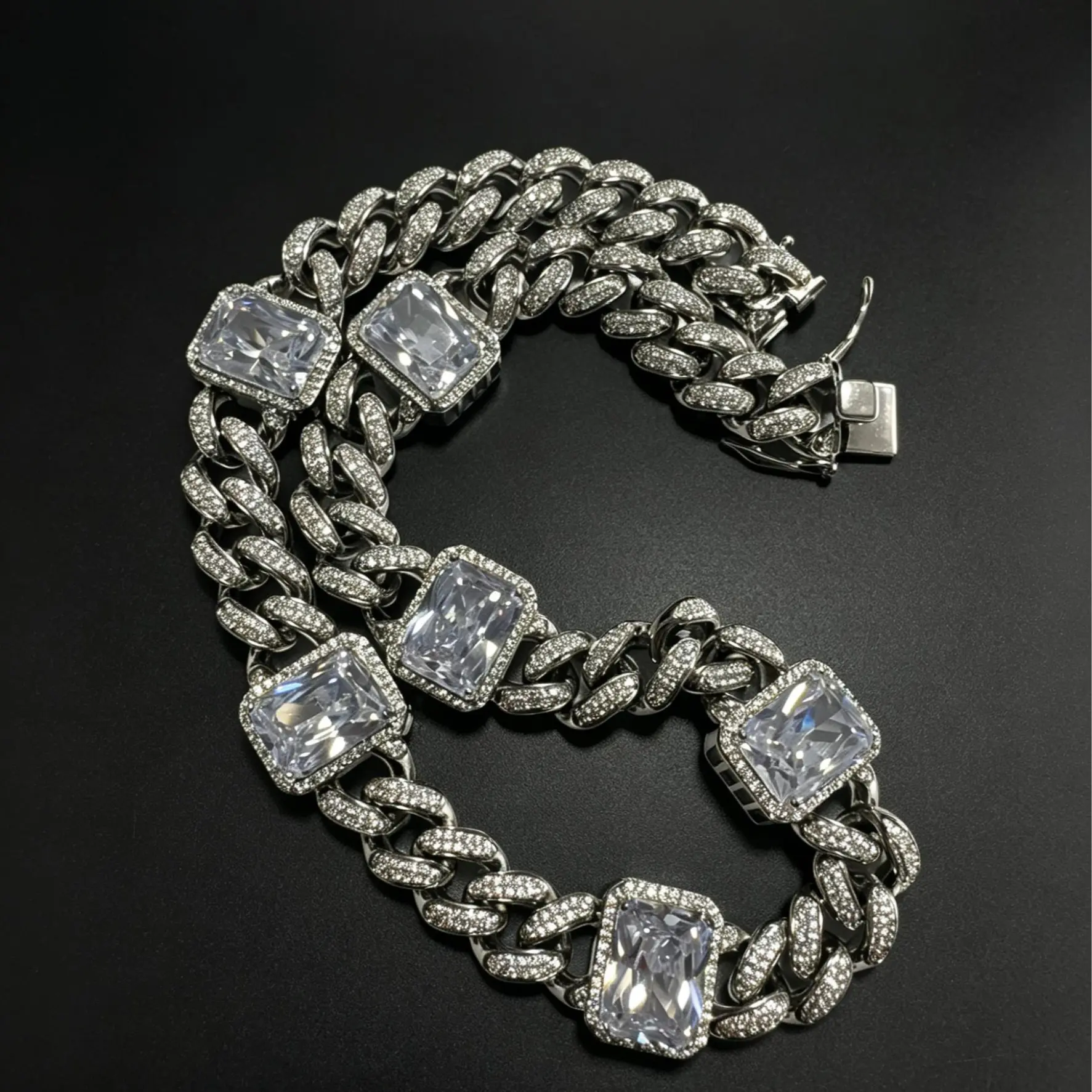 M3-9261 Full Pave Large T-Square Baguette Diamond Necklace summerwins