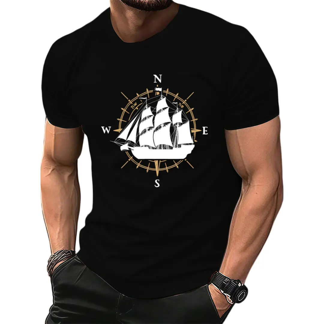 Retro Nautical T-Shirt with Compass & Sailing Ship - Vintage Maritime Graphic Tee, Round Neck Casual Sailor Shirt Suitable for - Wear, Machine Washable Apparel for Sailing Enthusiasts Fabric Menswear