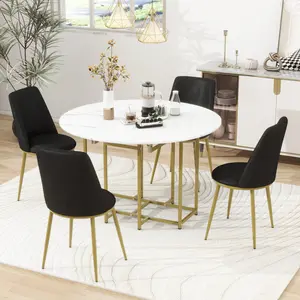 Space-Saving 5-Piece Extendable Kitchen Dining Table Set for Small Spaces - Round Faux Marble Top with Golden Frame, 4 Upholstered Chairs, Compact Foldable Design,White+Black wayfair  chairs