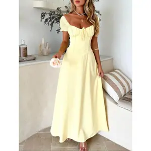 Women's Plain Lace Up Puff Sleeve A Line Dress, Elegant Sweetheart Neck Short Sleeve Long Dress for Party Holiday Wedding Guest, Ladies Spring & Fall Clothes