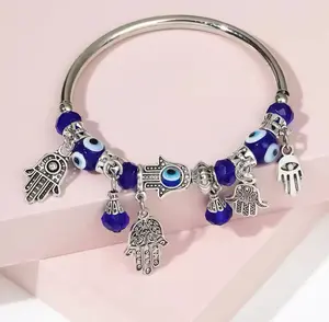 Customizable Bracelet Charms - Blue Beads, Hamsa Hand Charm, Versatile Fashion Accessory for Personal Style
