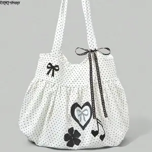 Y2K Coquette Bow Tote Bag, Floral Polka Dot Embossed Shoulder Bag, Large Capacity Fits 13-16" Laptop, Vintage Cute Handbag for Work, School, Travel and Daily Commute