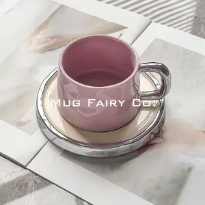 【Mug Fairy Co】 Soft Magenta And Creamy White Ceramic Mug With Saucer