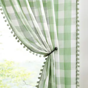 84inch Vintage Gingham Plaid Farmhouse Pom Pom Semi Sheer Curtains 2 Panels Rod Pocket Green White Window Drapes for Living Room Bedroom Kitchen