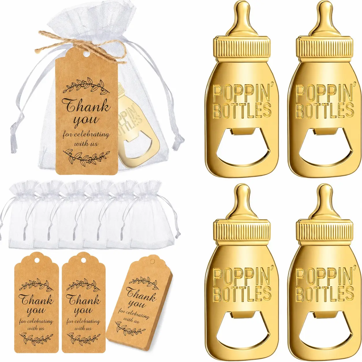 12 Sets Retro Imitation Gold Plant Motif Baby Shower Bottle Opener Party Favors with Organza Bags - Thank You Tags, Home Happy Birthday Anniversary Return Gifts, Boys' Keychains