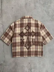 Men's Brown Plaid Cropped Short Sleeve Button-Down Shirt, Gothic Cross & Letter Print Streetwear Top, Perfect For Casual Daily & Hip Hop Outfits
