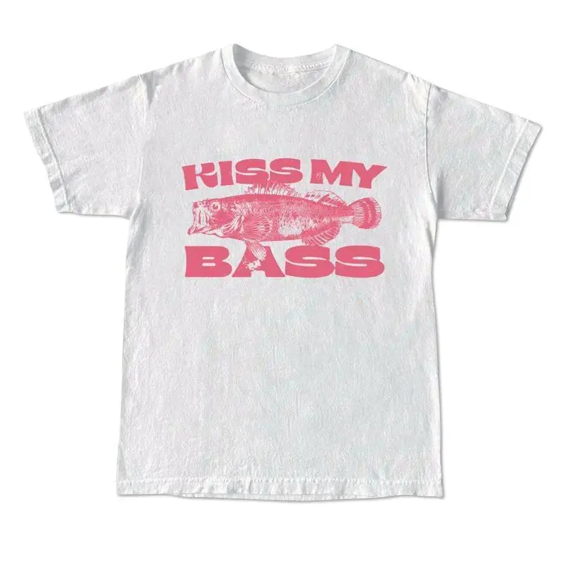 Men's Unisex Vintage "Kiss My Bass" Graphic Crew Neck T-Shirt - 100% Cotton, Short Sleeve, Simple, Soft, 3XL, Breathable, Casual, Knitted, Machine Washable, Cold Wash, All Seasons Streetwear Top
