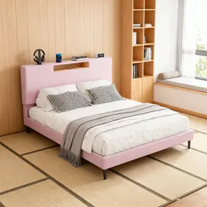 Modern Upholstered Bed Frame, Full Size with High Headboard, Adjustable LED Lights, Charging Port, Noiseless Wood Slat Support, No Box Spring Required, Easy Assembly, Pink