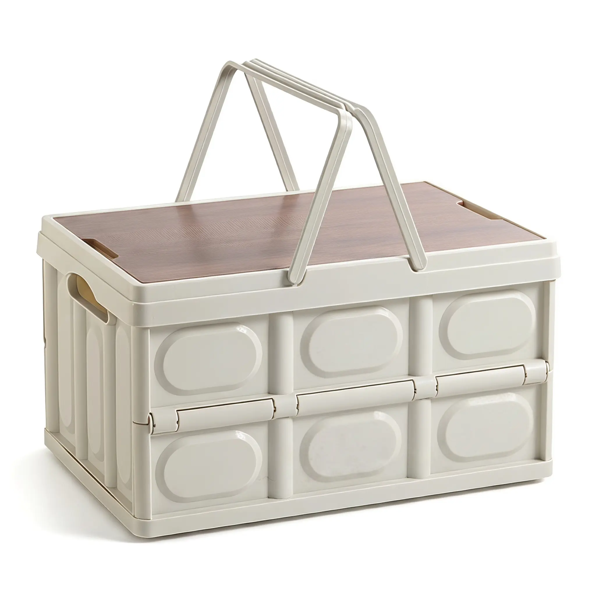 50L Collapsible Storage Bin - Folding Plastic Body Rectangular Crate with Wood Lid, Carry Handles, Free Waterproof Liner Bag, Home Organizer for Camping (Container Storage Solutions)
