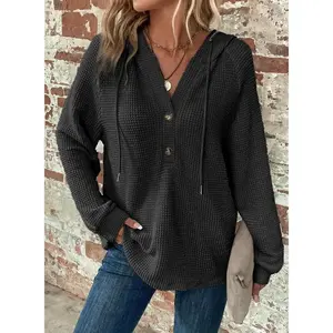 Women Waffle Knit Long Sleeve Drawstring Button V Neck Casual Pullover Sweatshirt Hooded Tops