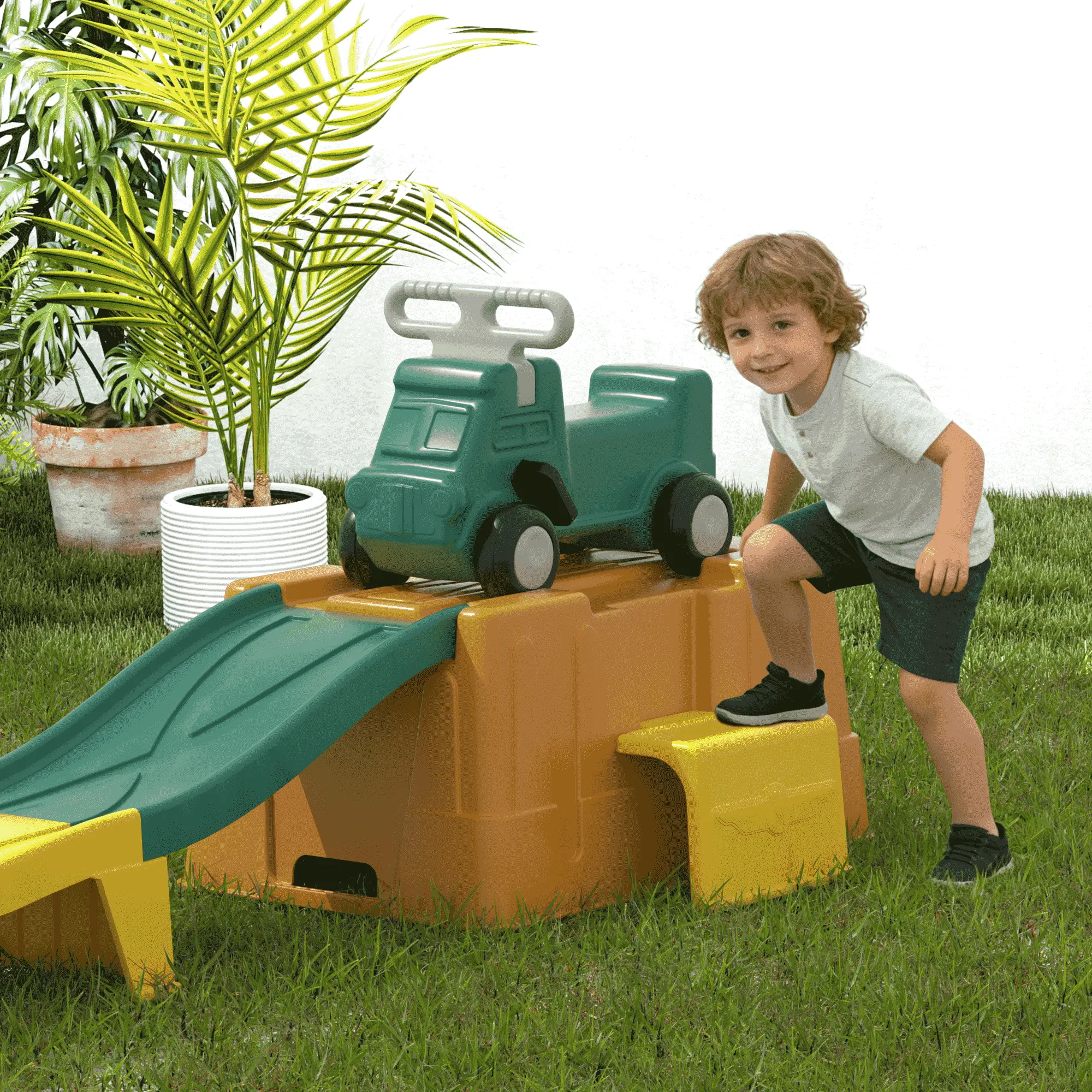 Green Yellow Orange Up & Down Roller Coaster Kids Ride On Toy Toddler Push Car with Assembled Race Track & Storage Base Box Green-yellow-orange Indoor Outdoor Playset for Ages 3+
