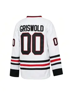 Griswold #00 Christmas Vacation Hockey Jersey, White with Black & Red Stripes, Breathable Long Sleeve for Movie Fans, Christmas Cosplay & Holiday Streetwear Enthusiasts