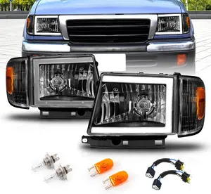 AmeriLite for 1998-2000 Toyota Tacoma 2WD Pickup LED Tube Black Reaplcement Headlights + Corner Light Set - Passenger and Driver Side