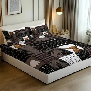 3pcs Highland Cow & Buffalo Plaid Patchwork Fitted Sheet Set, Rustic Farmhouse Bed Sheet Set, Soft Microfiber Bedding Set (No Fillers), Western Arrow Decor Mattress Cover for Teens & Country Bedroom