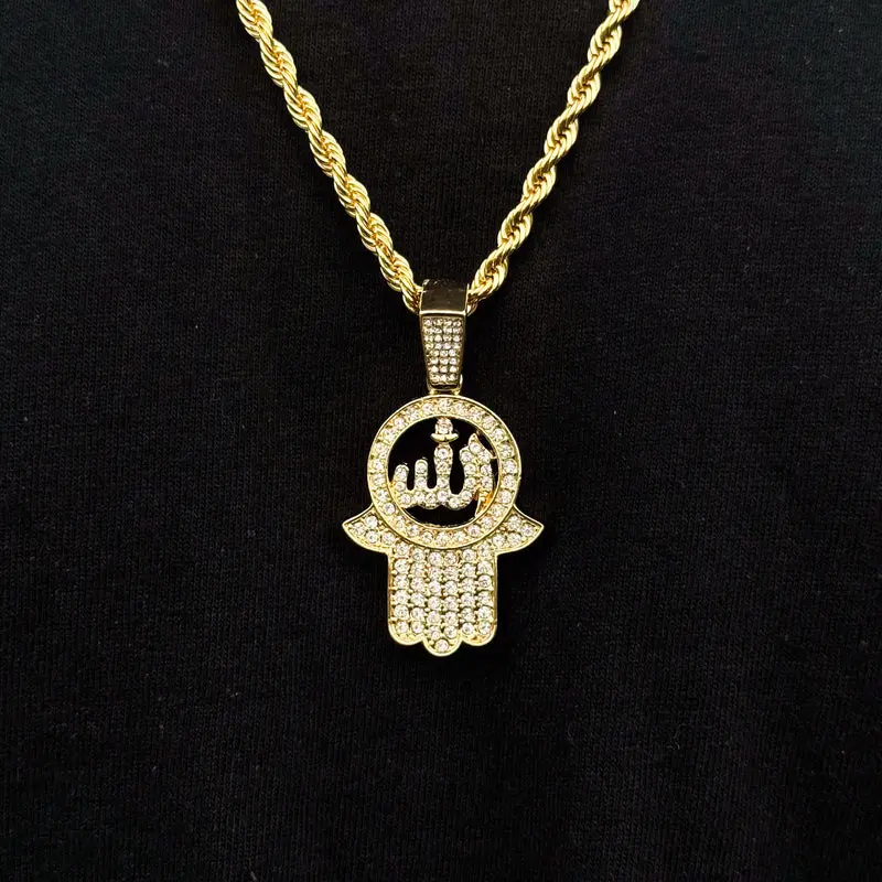 Hamsa Rope Chain Iced Islamic Allah Hamsa Cubic Zirconia Religious Pendant & 4mm 24 ...