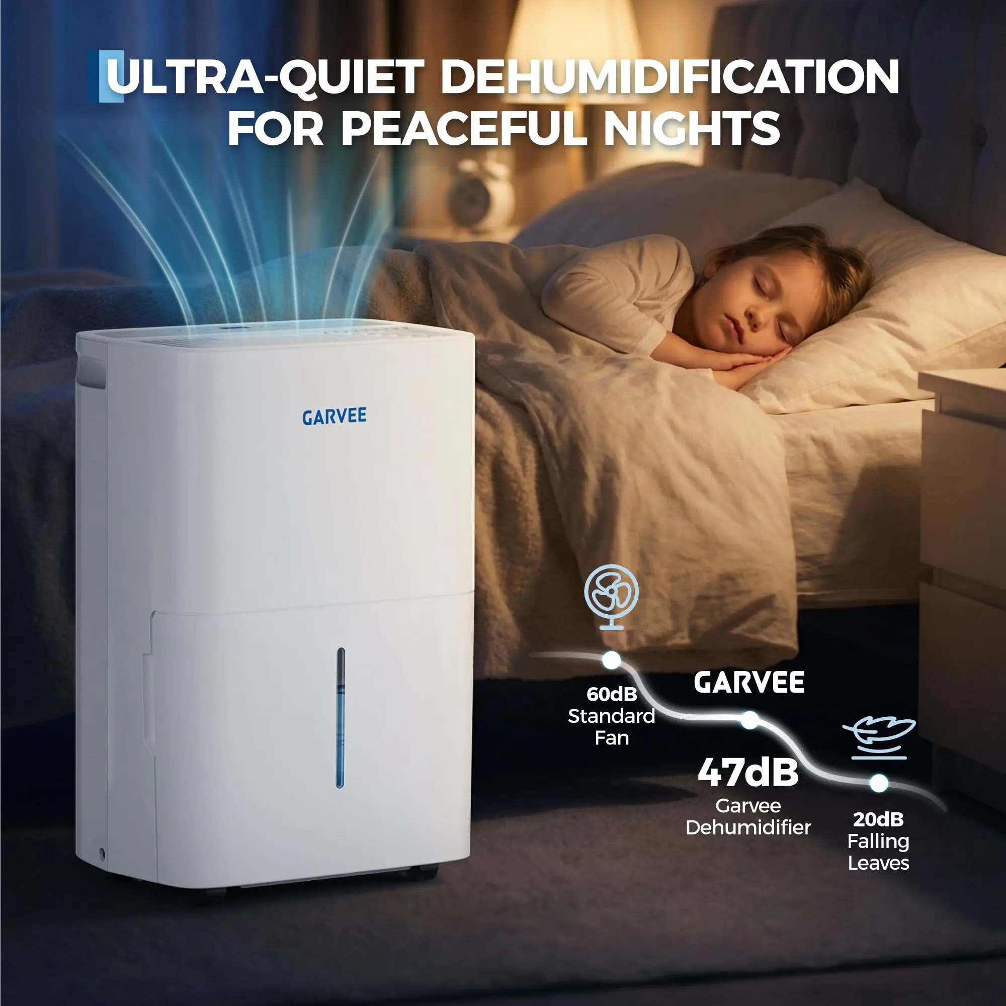 Garvee 22‑Pint Dehumidifier — Quiet 47 dB, 1.45‑Gal Tank, Auto Drain Hose, Portable for Home & Basement (up to 3,000 sq ft)