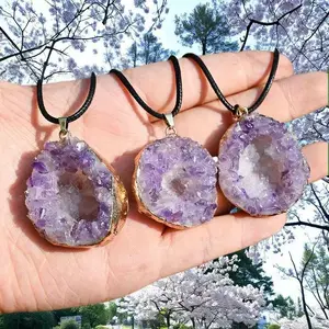Natural Amethyst Druzy Pendant 18K  Plated Raw Crystal Cluster Necklace