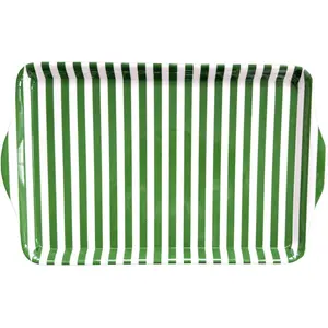 15" Large Green Stripe Melamine Serving Tray with Handles