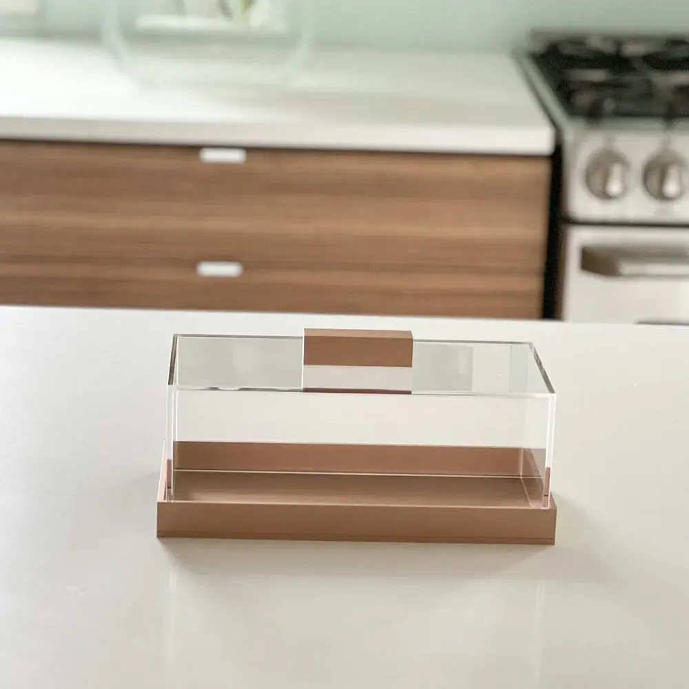 Lucite Rectangular Gold Cake Tray and Lid with Gold Handle