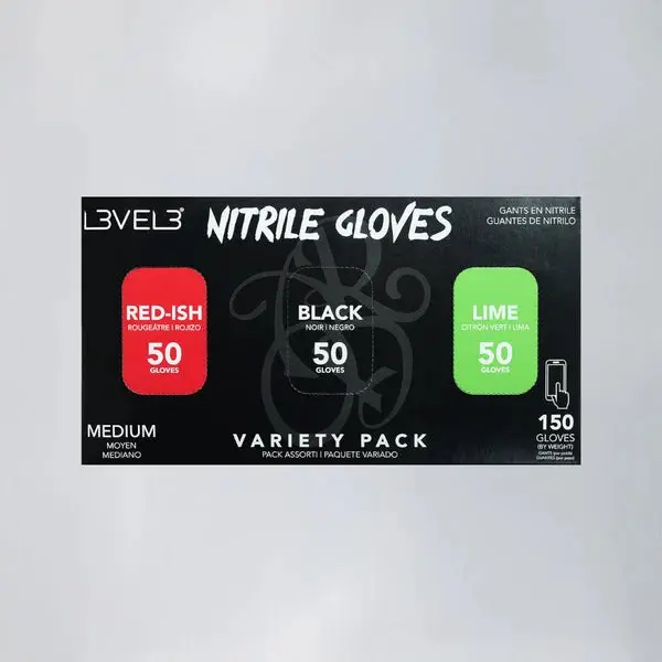 L3VEL3 Nitrile Gloves Variety Pack 150ct – 3 Colors, Powder-Free