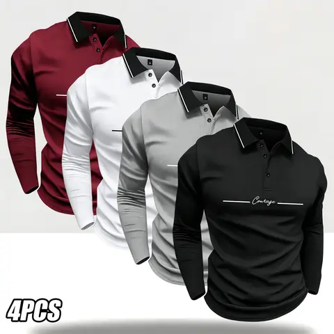 Men's 4-Piece High-End Long-Sleeve Polo Shirt Set - Regular-Fit Buttoned Collar Solid Color Golf-Themed Tops, Casual Athletic Printed Pullover for Business & Tennis Training (Long Sleeve Tops, Simple Solid Color Polo Shirts)