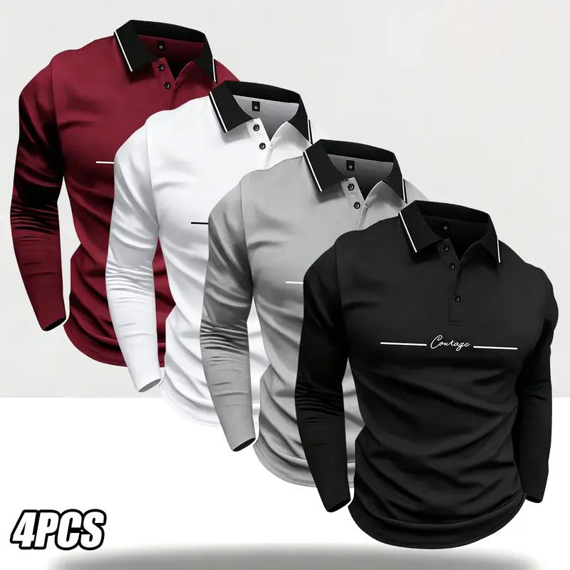 Men's 4-Piece High-End Long-Sleeve Polo Shirt Set - Regular-Fit Buttoned Collar Solid Color Golf-Themed Tops, Casual Athletic Printed Pullover for Business & Tennis Training (Long Sleeve Tops, Simple Solid Color Polo Shirts)