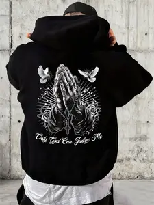 Mens Oversized Hoodie Only God Can Judge Me Religious Graphic Streetwear Menswear | Faith Based Prayer Hands Cross Rose Dove Print | Gothic Hip Hop Rap Tupac Inspired Pullover | Trendy Urban Casual Oversized Sweatshirt for Men