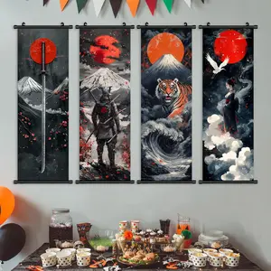 Samurai Pattern Canvas Banner, 4 Counts/set Modern Wall Art Painting, Wall Art Decor for Home Living Room Bedroom Office