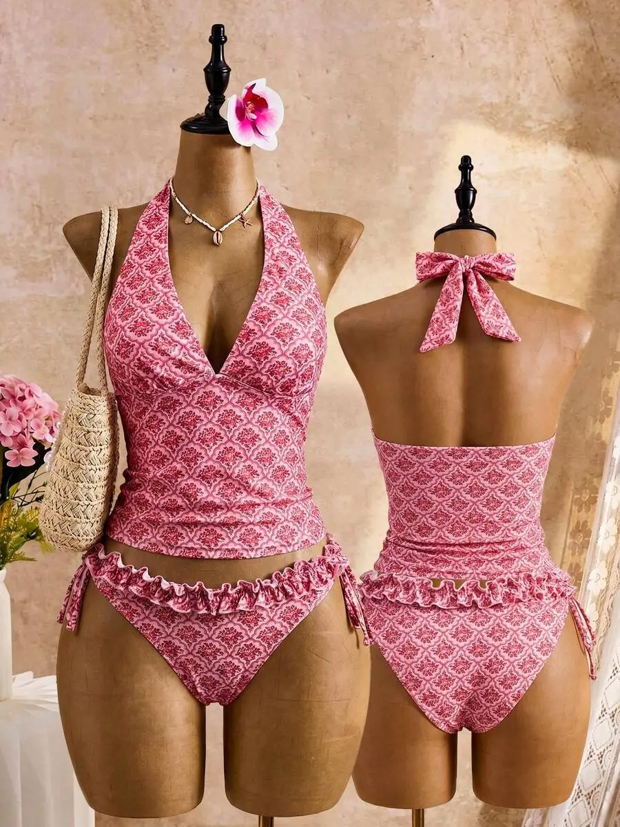 Fuchsia Floral Print Halter Neck Backless Tankini 2-Piece Set,Pink Summer Boho Beach Holiday Holiday Sweet & Cute Women Swimwear Triangle Bottoms