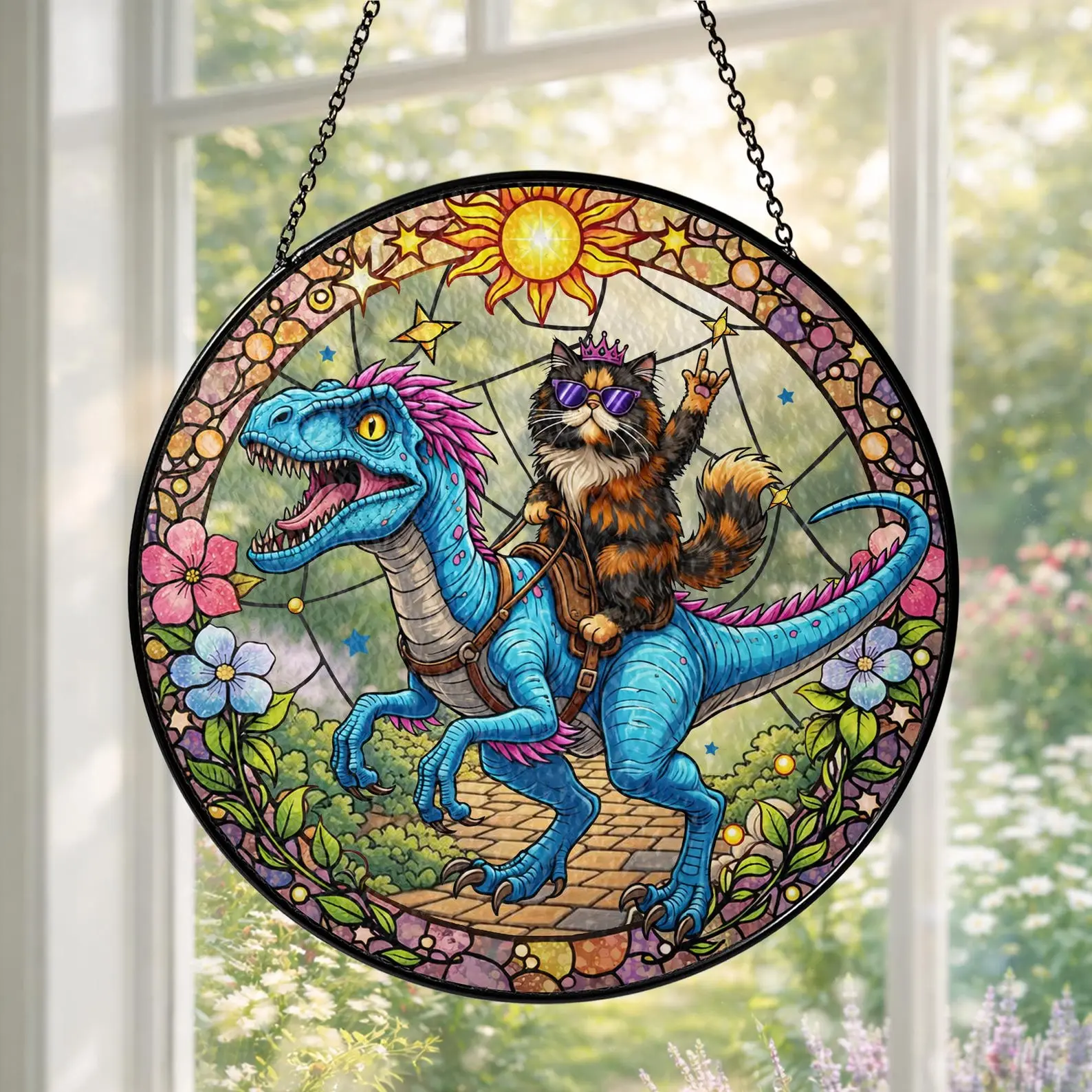 Princess Donut and Mongo Window Hanging Suncatcher, Fantasy Inspired Decor, Stained Glass Style Ornament, Reader Gift for LitRPG and Cat Lovers
