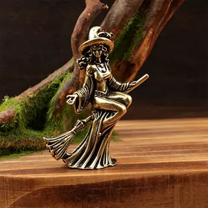 Handmade Brass Witch Statue, Metal Ornament, Home Decor, Broom Witch Bronze Sculpture, Craftsmanship Art Piece, Unique Wall Decoration