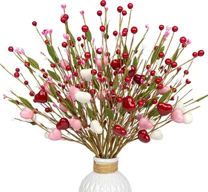Valentine's Day Gifts 24 Pack Valentines Day Picks 17 Inch Red White Pink Heart Berry Stems for Valentines Day Anniversary Wedding Candlelight Dinner Decor