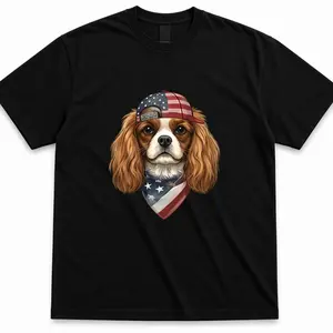 Patriotic Dog T-Shirt Cavalier King Charles Spaniel Graphic Tee American Flag Hat USA Pet Lover Shirt 4th of July Independence Day Gift Cute Puppy Unisex Casual Streetwear Apparel