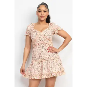 Ruffled Floral Puff Sleeve Dress - Boho Romantic Mini Dress with V-Neckline & Short Sleeves for Summer Casual Wear