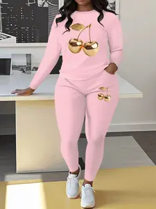 Women's Fashion Cherry Print Long Sleeve Casual Pocket Jogger Pants Set, Fall Winter Slim Fit Plus Size Two-Piece