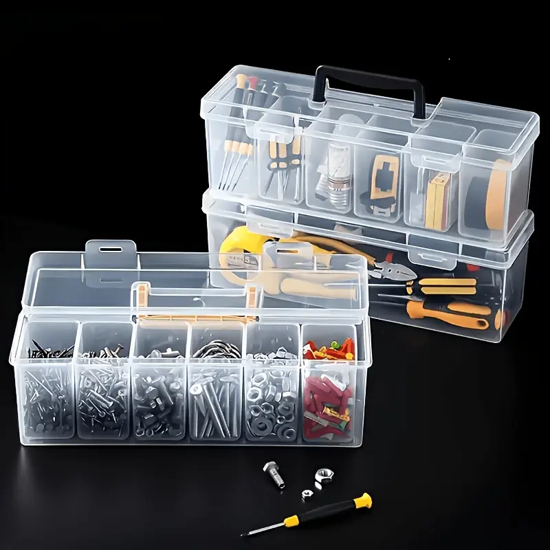 6pcs Transparent Tool Parts Organizer with 5 Small Boxes & Large Case - PP Plastic Multi-Compartment Stackable Storage Box Suitable for Screws, Nails, Wrenches, Jewelry, Beads, Crafts, Hardware Case for Home Workshop Garage Organization