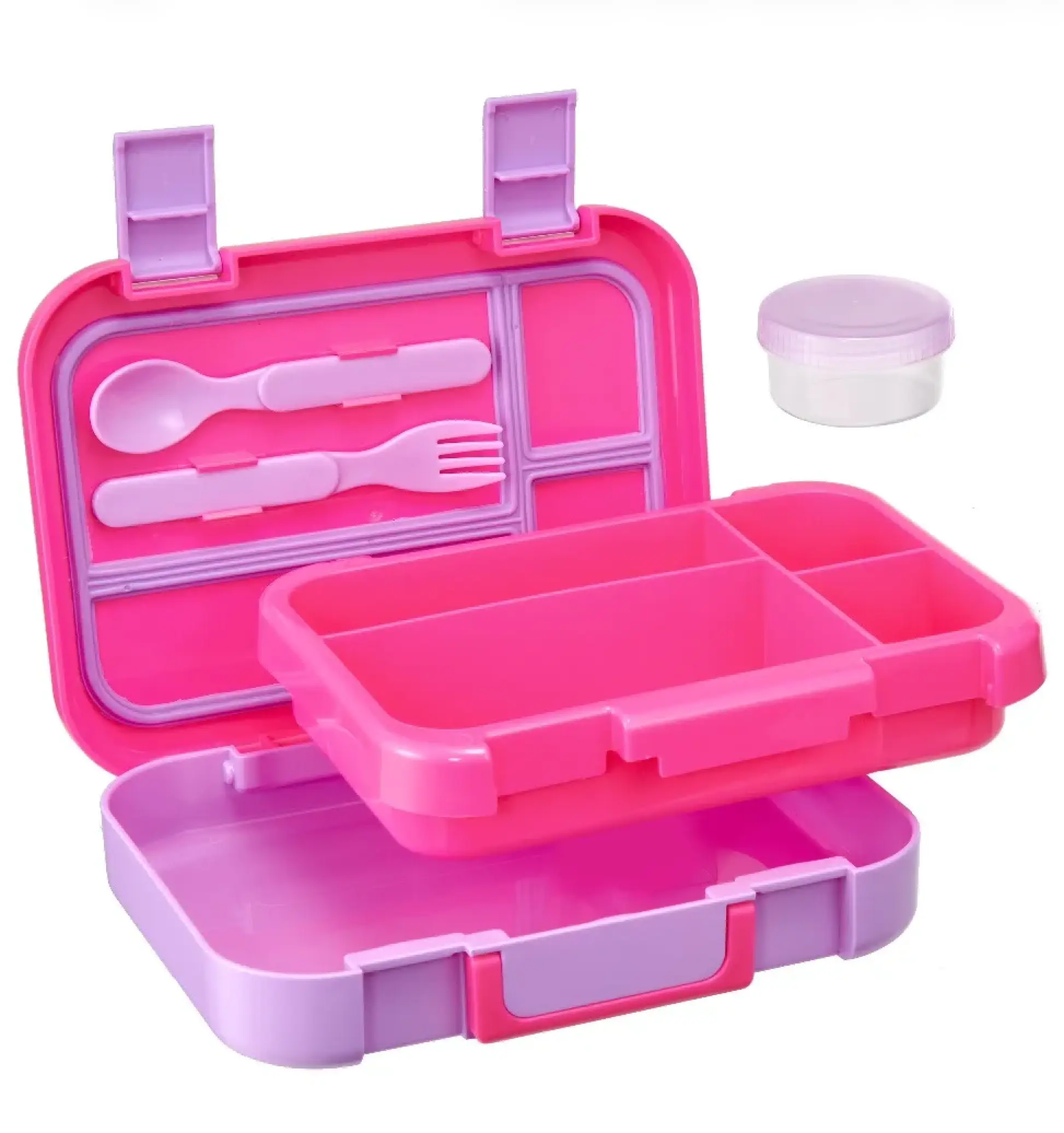 Pink Kids' Bento Box, 4-Compartment Leakproof Plastic Lunch Container for School, Includes Utensils and Sauce Cup, Multi-Compartment, Lunch Bag, Backpacks For School