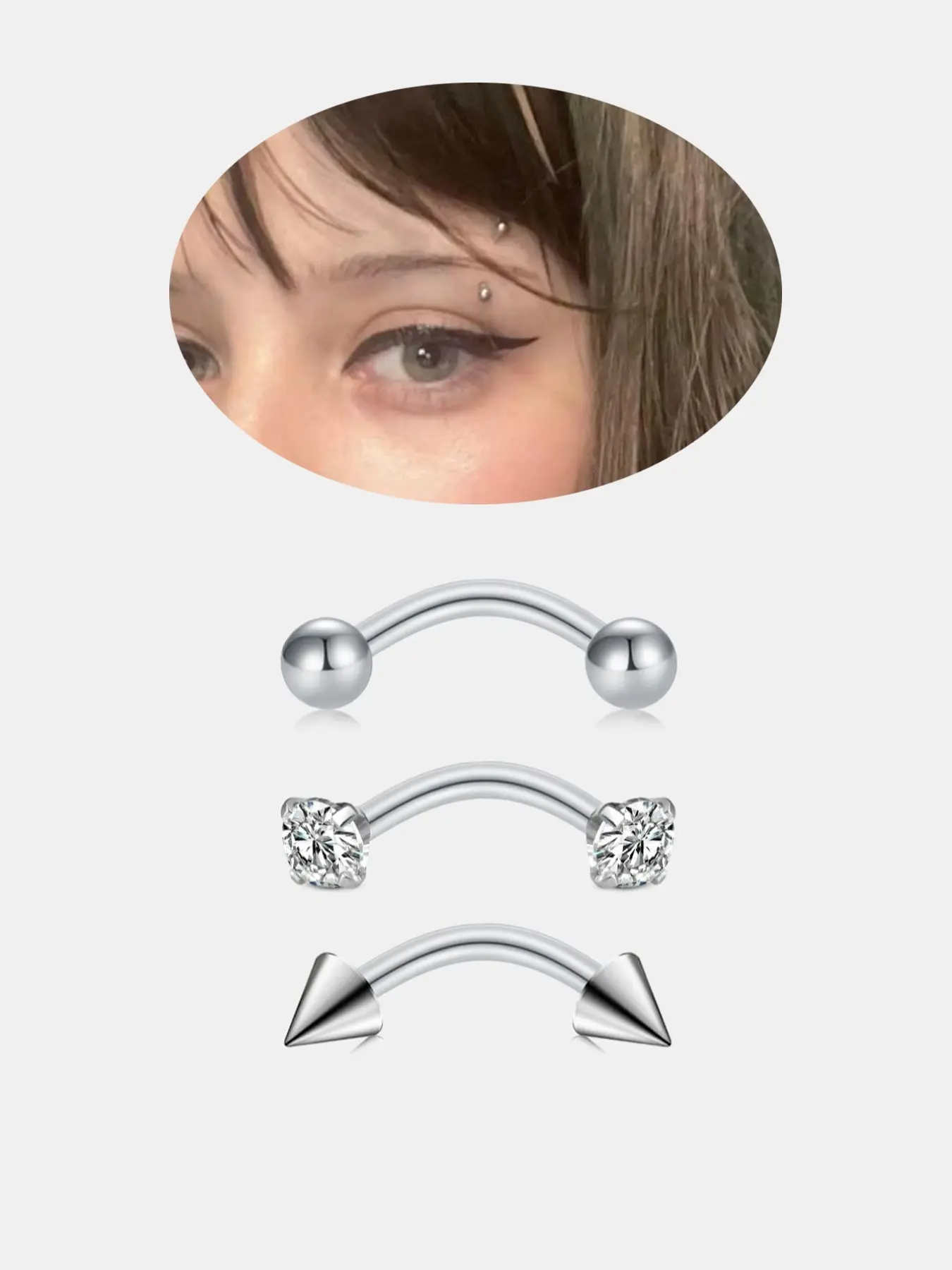 3-Piece Stainless Steel Cz Eyebrow Studs Set, Punk Style Ear Cartilage Piercing Jewelry, Unisex Body Jewelry, Body Piercings Set for All Seasons