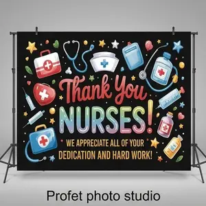 1 PC 2D Flat Banner Backdrop "Thank You Nurses!" Theme, Featuring Medical Icons like Stethoscopes, Syringes, and Nurse Caps, with Colorful Gradient Lettering and Stars on Black Background, Ideal