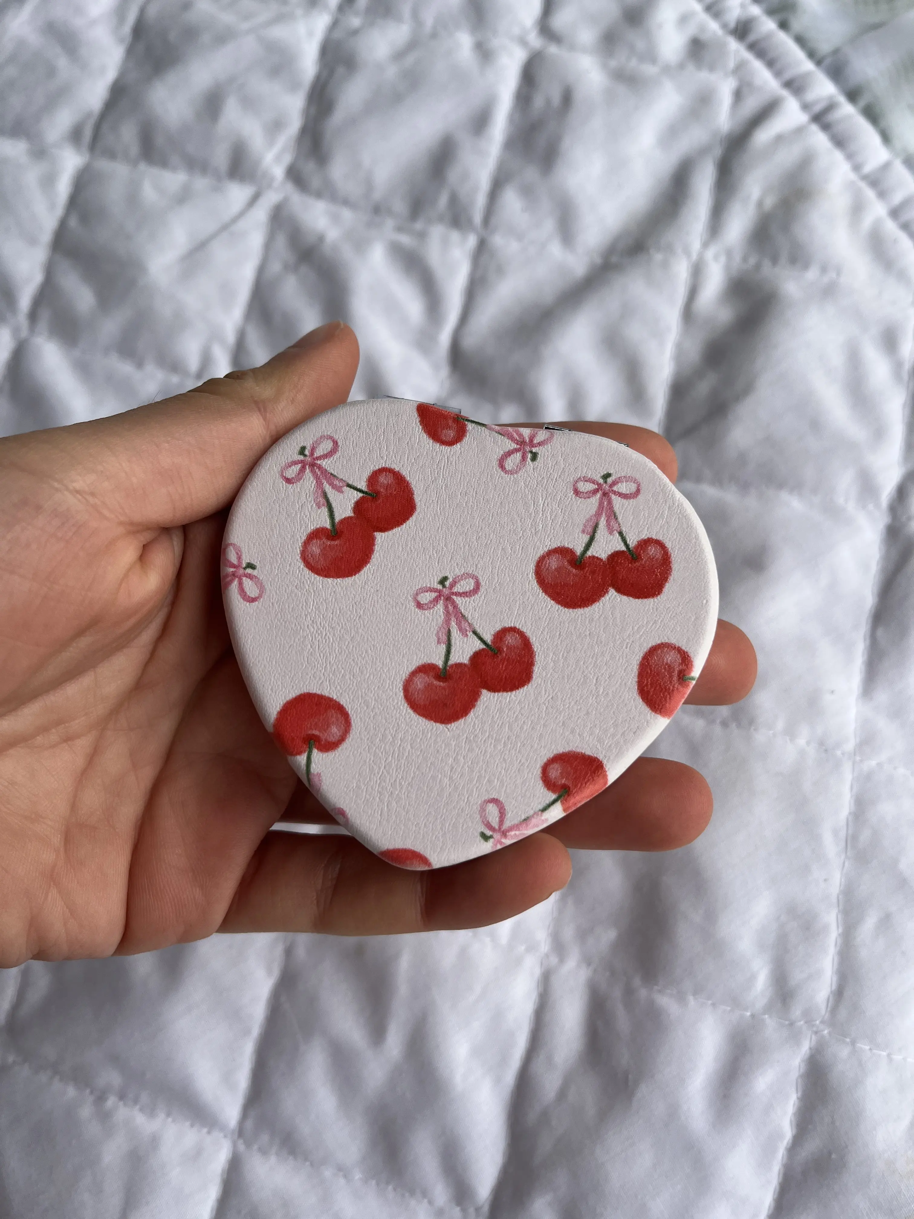 Pink Heart Shaped Compact Mirror with Cherries
