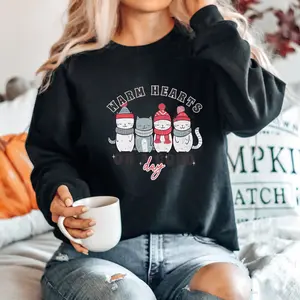 Christmas Cat Sweatshirt, Warm Hearts on a Cold Day Christmas Tree Sweatshirt, Cute Holiday Sweatshirt